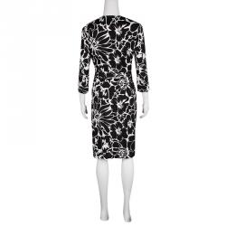 Pre Owned Diane Von Furstenberg Monochrome Cotton Silk Floral Print New Julian Two Wrap Dress M