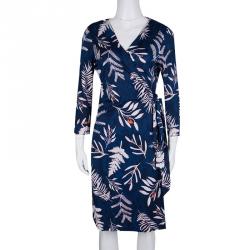 Pre Owned Diane Von Furstenberg Indigo Snake Leaves Print Silk Jersey New Julian Two Wrap Dress L
