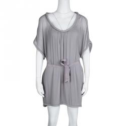 Pre Owned Diane Von Furstenberg Grey Silk Chiffon Bead Trim Belted Sol Tunic S