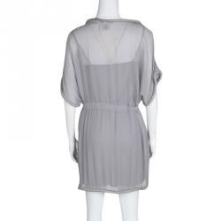 Pre Owned Diane Von Furstenberg Grey Silk Chiffon Bead Trim Belted Sol Tunic S
