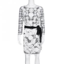Pre Owned Diane Von Furstenberg Monochrome Floral Crochet Lace Overlay Backless Kenny Dress M