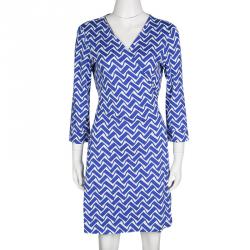Pre Owned Diane Von Furstenberg Blue and White Printed New Julian Two Wrap Dress L