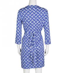 Pre Owned Diane Von Furstenberg Blue and White Printed New Julian Two Wrap Dress L
