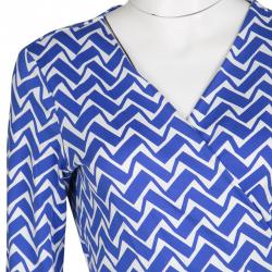 Pre Owned Diane Von Furstenberg Blue and White Printed New Julian Two Wrap Dress L