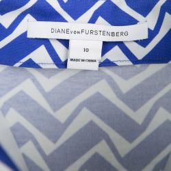 Pre Owned Diane Von Furstenberg Blue and White Printed New Julian Two Wrap Dress L