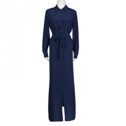 Pre Owned Diane Von Furstenberg Midnight Blue Silk Amina Belted Maxi Shirt Dress M