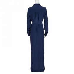 Pre Owned Diane Von Furstenberg Midnight Blue Silk Amina Belted Maxi Shirt Dress M