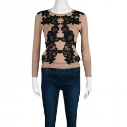Pre Owned Diane Von Furstenberg Brown Contrast Floral Lace Applique Detail Ribbed Trim Shara Sweater S