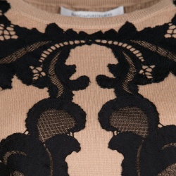 Pre Owned Diane Von Furstenberg Brown Contrast Floral Lace Applique Detail Ribbed Trim Shara Sweater S