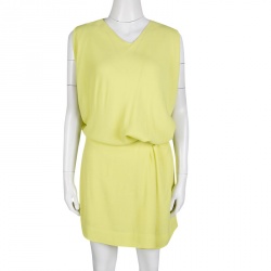 Pre Owned Diane Von Furstenberg Yellow Sleeveless Drop Waist Belted Gagon Dress S
