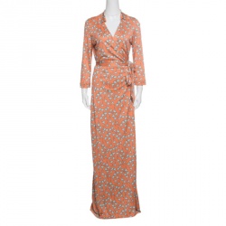 Pre Owned Diane Von Furstenberg Peach Floral Printed Silk Jersey Abigail Maxi Wrap Dress L