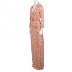Pre Owned Diane Von Furstenberg Peach Floral Printed Silk Jersey Abigail Maxi Wrap Dress L