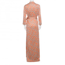 Pre Owned Diane Von Furstenberg Peach Floral Printed Silk Jersey Abigail Maxi Wrap Dress L