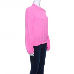 Pre Owned Diane Von Furstenberg Neon Pink Silk Mandarin Collar Long Sleeve Baire Top S