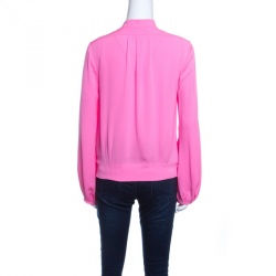 Pre Owned Diane Von Furstenberg Neon Pink Silk Mandarin Collar Long Sleeve Baire Top S