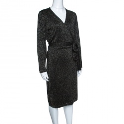 Pre Owned Diane Von Furstenberg Black Lurex Knit Long Sleeve Wrap Dress L