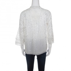 Pre Owned Diane Von Furstenberg Off White Flutter Foil Ruffled Trim Layla Silk Blouse S