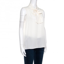Pre Owned Diane Von Furstenberg Cream Silk Neck Tie Sleeveless Britni Blouse L