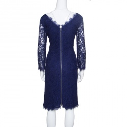 Pre Owned Diane Von Furstenberg Navy Blue Zarita Long Sleeve Lace Dress L