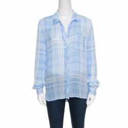 Pre Owned Diane Von Furstenberg Carter Blue and White Plaid Long Sleeve Shirt S