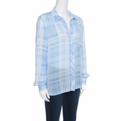 Pre Owned Diane Von Furstenberg Carter Blue and White Plaid Long Sleeve Shirt S