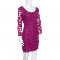 Pre Owned Diane Von Furstenberg Berry Pink Floral Lace Zarita Scoop Dress M