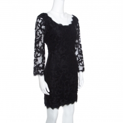 Pre Owned Diane Von Furstenberg Black Floral Lace Zarita Scoop Dress L
