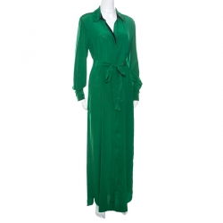 Pre Owned Diane Von Furstenberg Green Silk Belted Long Sleeve Shirt Dress S