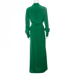 Pre Owned Diane Von Furstenberg Green Silk Belted Long Sleeve Shirt Dress S