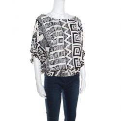Pre Owned Diane von Furstenberg Monochrome Geometric Motif Printed Silk Handy Blouse S