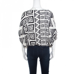 Pre Owned Diane von Furstenberg Monochrome Geometric Motif Printed Silk Handy Blouse S