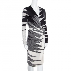 Pre Owned Diane Von Furstenberg Monochrome Flame Printed Silk Jersey Valencia Wrap Dress S