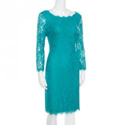 Pre Owned Diane Von Furstenberg Green Zarita Long Sleeve Lace Dress M