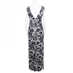 Pre Owned Diane Von Furstenberg Monochrome Floral Printed Jersey Cover Up Kandace Maxi Dress L