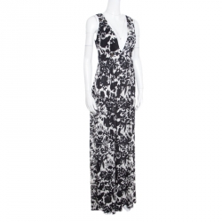 Pre Owned Diane Von Furstenberg Monochrome Floral Printed Jersey Cover Up Kandace Maxi Dress L