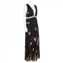 Pre Owned Diane Von Furstenberg Black Embroidered Tulle Plunge Neck Vivanette Goddess Gown L