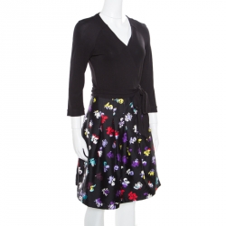 Pre Owned Diane Von Furstenberg Black Floral Printed Wool and Silk Jewel Wrap Dress M