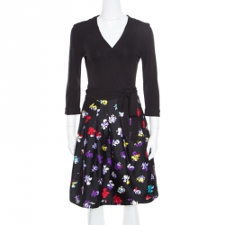 Pre Owned Diane Von Furstenberg Black Floral Printed Wool and Silk Jewel Wrap Dress M