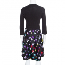 Pre Owned Diane Von Furstenberg Black Floral Printed Wool and Silk Jewel Wrap Dress M