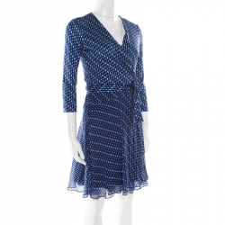 Pre Owned Diane Von Furstenberg Blue Printed Silk Irina Wrap Dress S