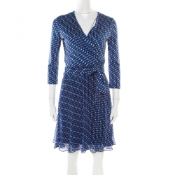 Pre Owned Diane Von Furstenberg Blue Printed Silk Irina Wrap Dress S