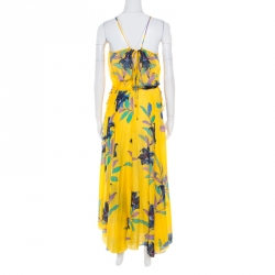 Pre Owned Diane Von Furstenberg Yellow Floral Printed Tie Detail Cinch Waist Dress S