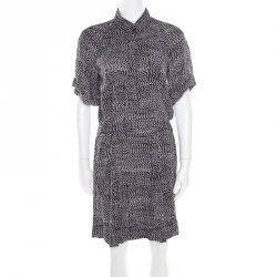 Pre Owned Diane von Furstenberg Monochrome Printed Silk Pharo Shirt Dress M