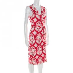 Pre Owned Diane von Furstenberg Red Floral Printed New Yahzi Short Wrap Dress L