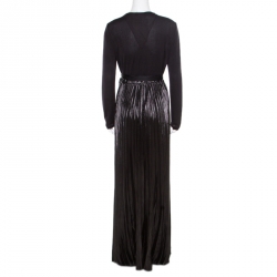 Pre Owned Diane Von Furstenburg Black Metallic Plisse Heavyn Wrap Maxi Dress M