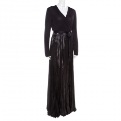 Pre Owned Diane Von Furstenburg Black Metallic Plisse Heavyn Wrap Maxi Dress M