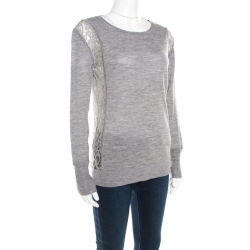 Pre Owned Diane Von Furstenberg Grey Floral Lace Side Panel Insert Sweater M