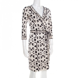 Pre Owned Diane von Furstenberg Monochrome Printed Silk Jersey Wrap Banded Julian Dress S