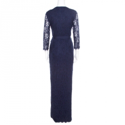 Pre Owned Diane von Furstenberg Navy Blue Floral Lace Julianna Wrap Maxi Dress M