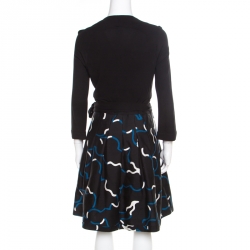 Pre Owned Diane Von Furstenberg Black and Blue Printed Wool and Silk Jewel Wrap Dress L